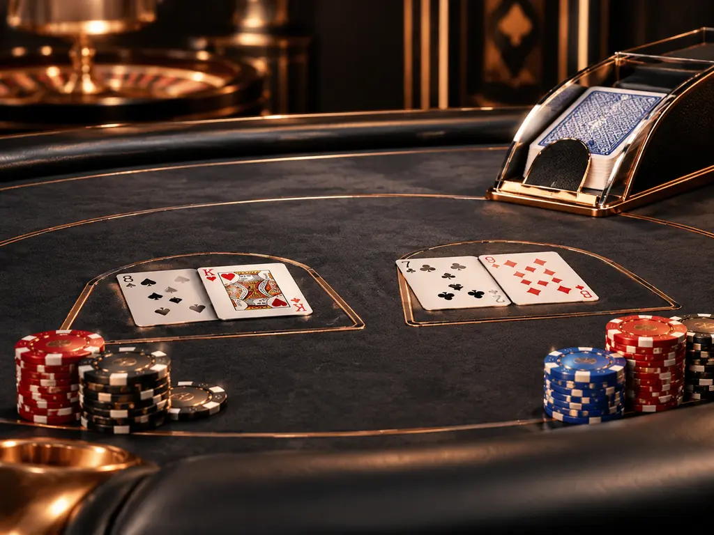 Sepatu kartu dan dua tangan kartu di meja baccarat