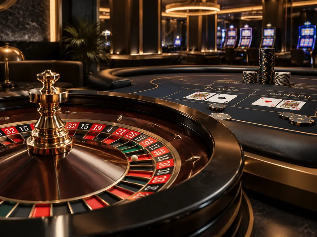 Ilustrasi ruang kasino bernuansa grafit dengan meja roulette dan kartu baccarat
