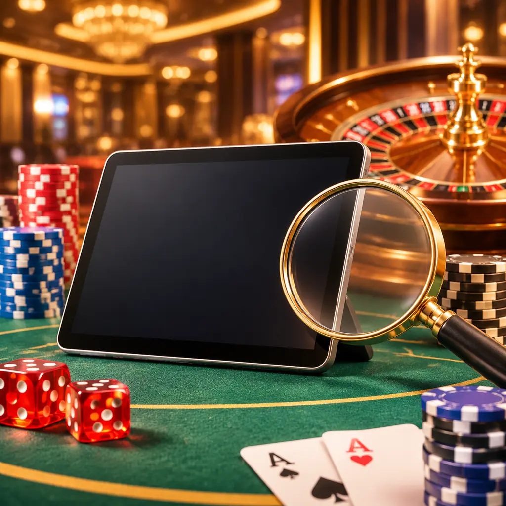 Tablet dan kaca pembesar di dekat meja roulette