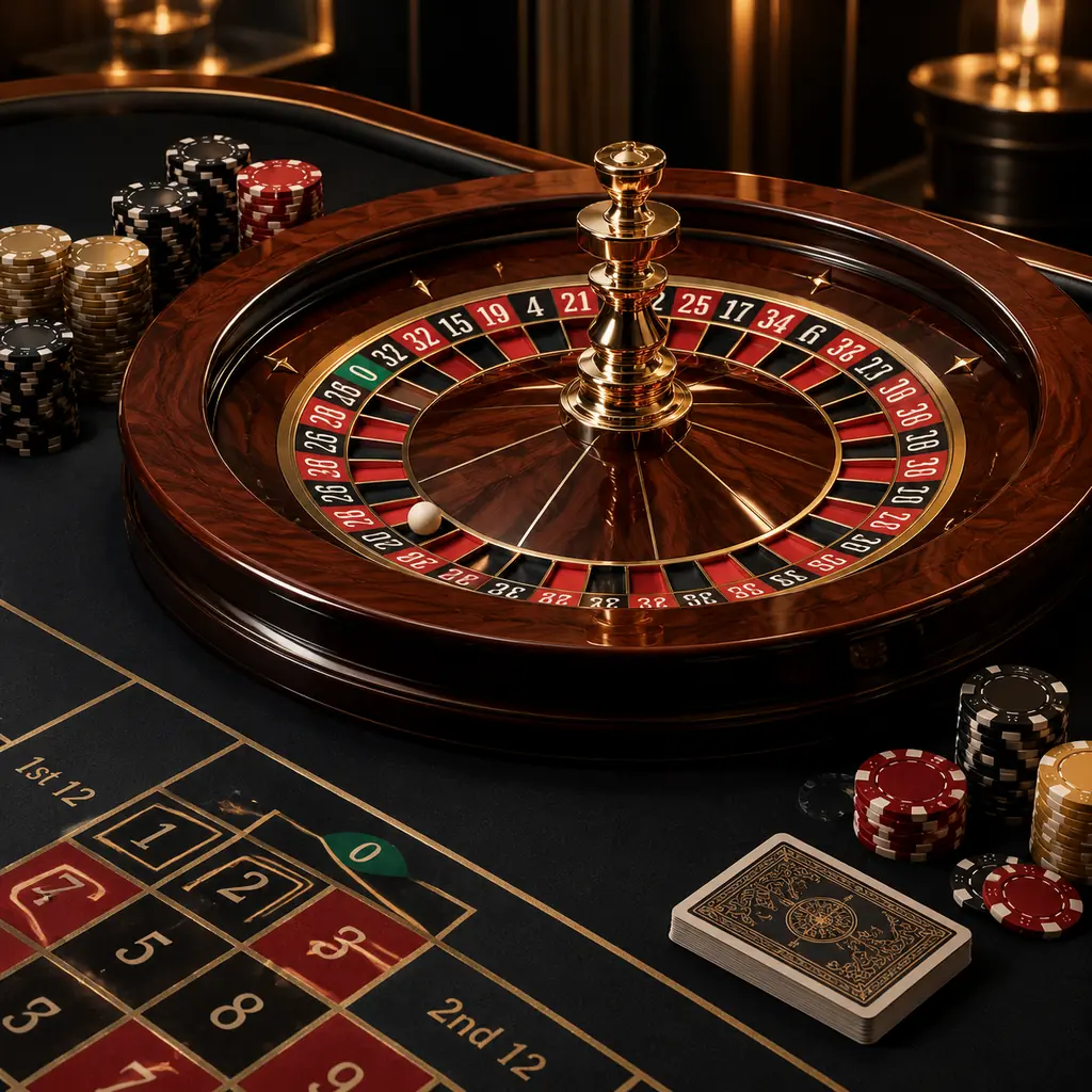 Roda roulette dan bola putih di meja kasino