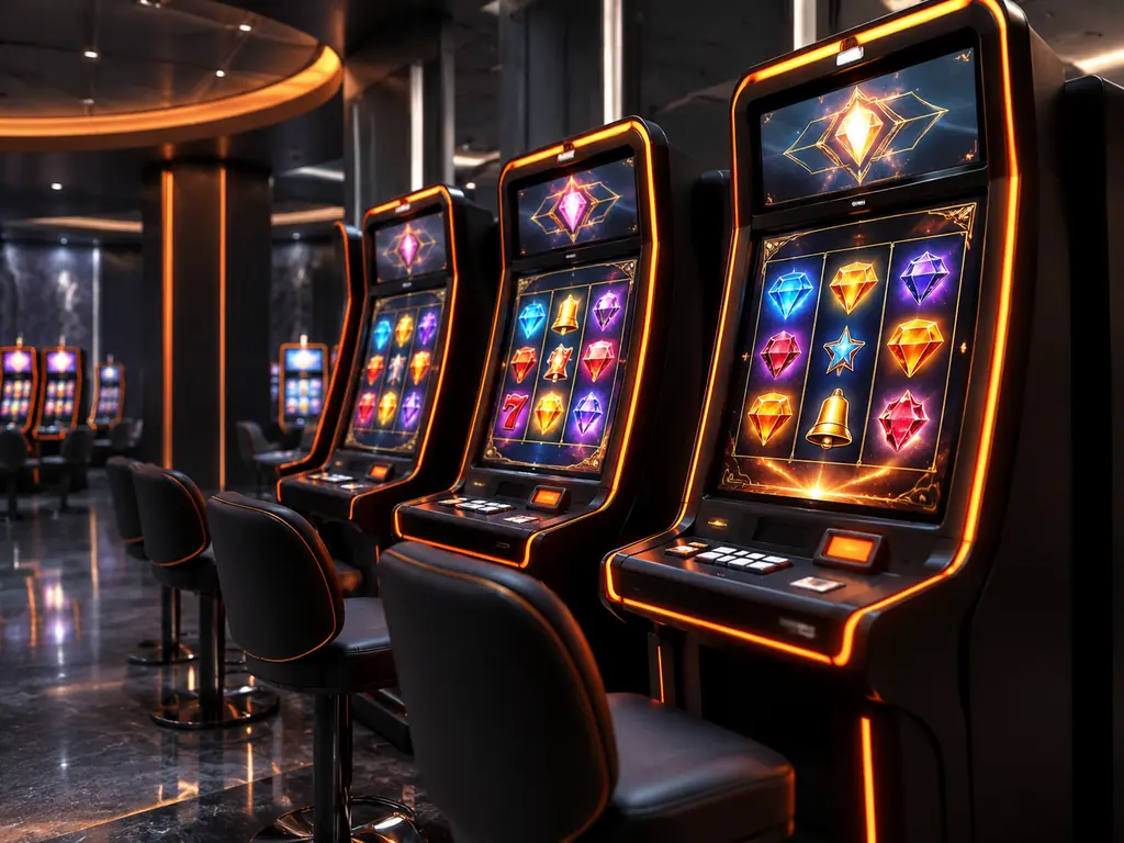 Deretan kabinet slot di ruang kasino grafit